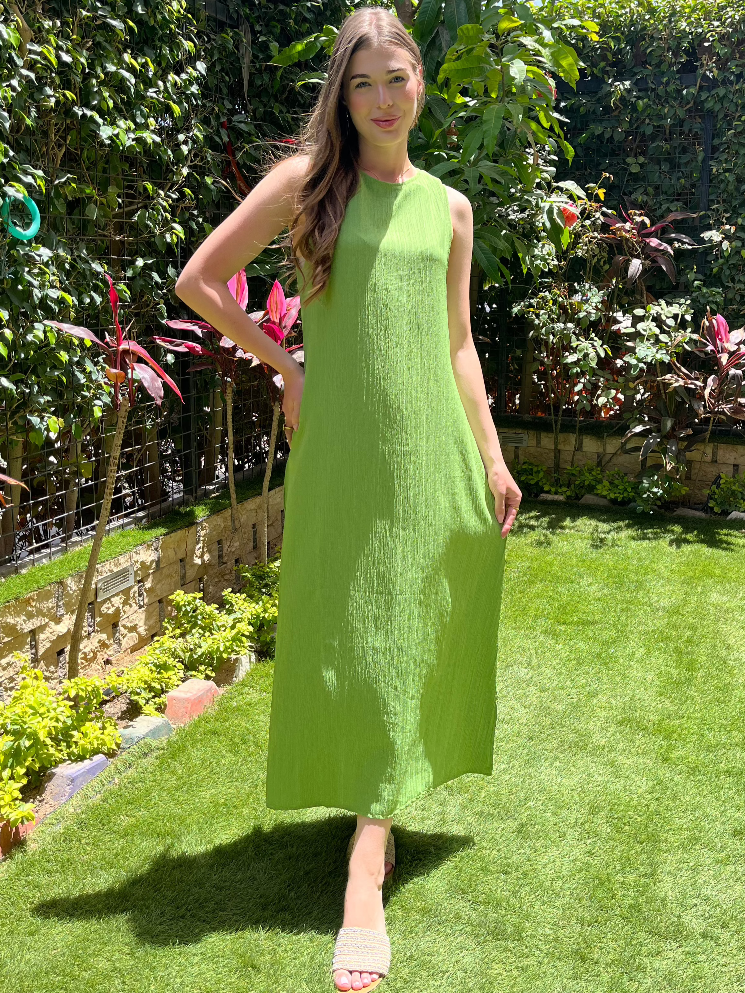 Pleated Maxi Dress-  Golden Lime