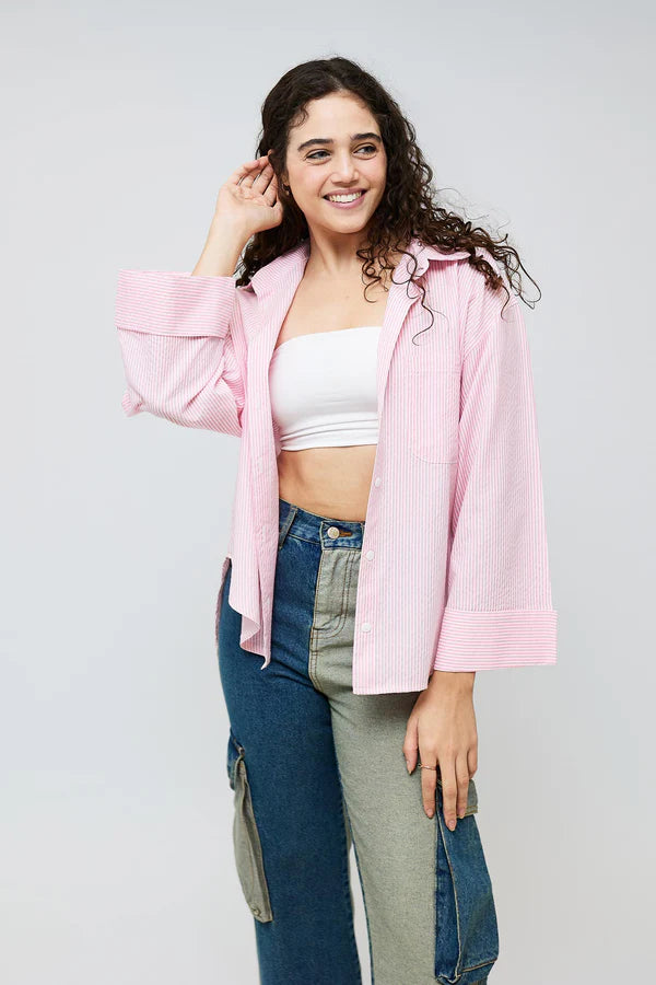 Casual Striped Oversized Shirt - Baby Pink