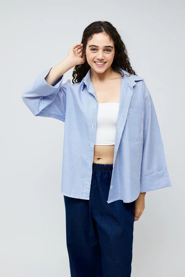 Casual Striped Oversized Shirt- Baby Blue