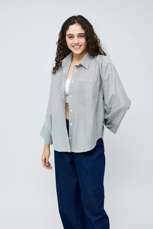 Casual Striped Oversized Shirt- Grey